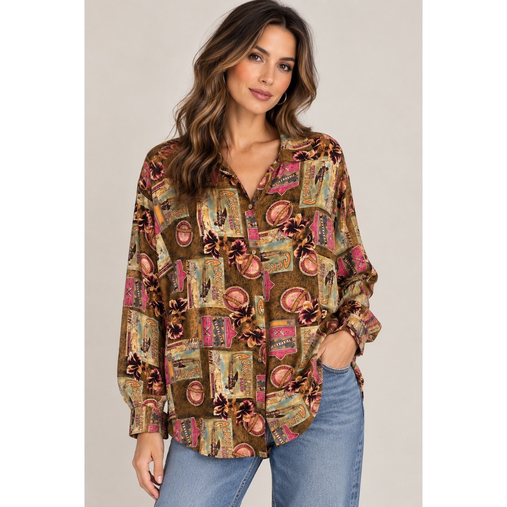 Artsy Eclectic 100% Silk Tropical Novelty Print Blouse Resort Medium